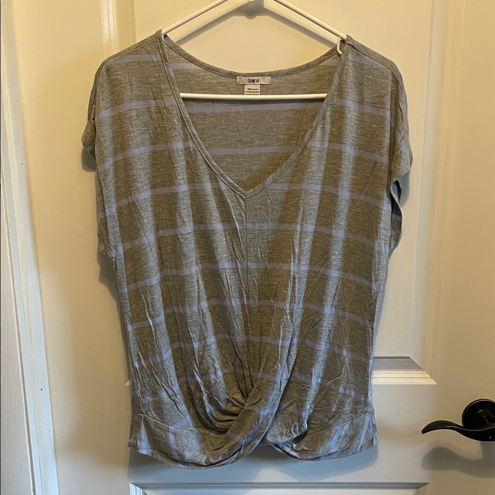 Bar III Gray and Periwinkle Striped Short Sleeve Top